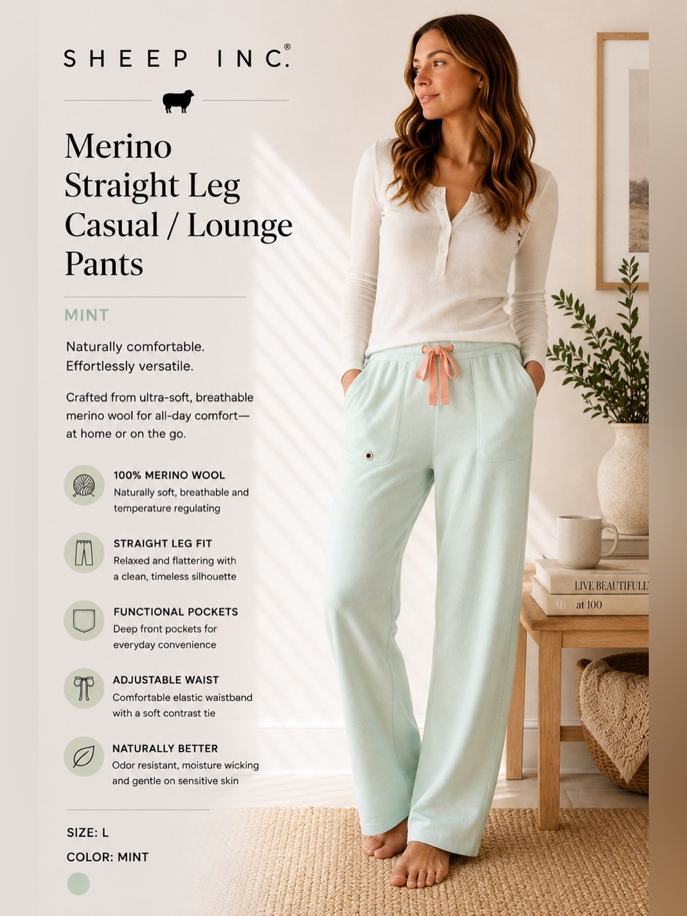 Sheep Inc. High-Quality Merino Straight Leg Casual / Lounge Pants in Light Mint